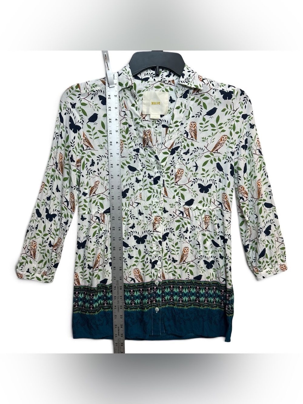 Maeve Anthropologie Owl Bird Butterfly Print Button Front Blouse Tunic Size 0 - Picture 6 of 10